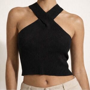 NWT Topshop Black Ribbed Halter Cross Strap Sleeveless Going Out Top Size S 4-6
